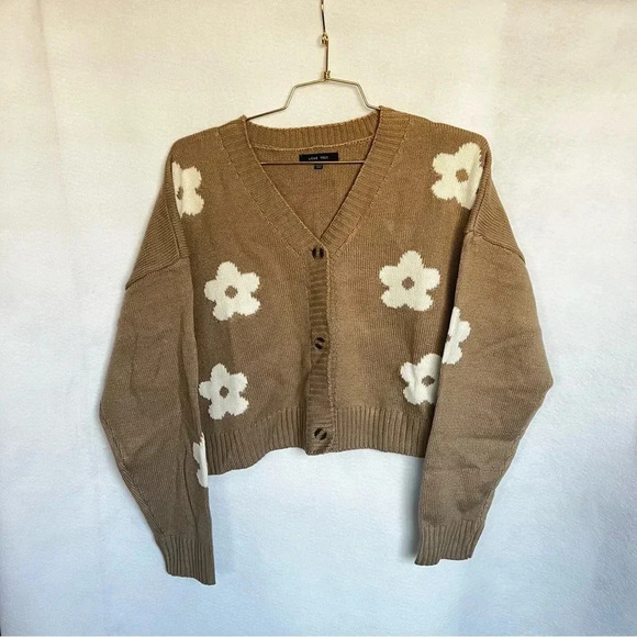 Cardigan Sweater Floral Knitted Oversized Boxsy Waist Length Khaki Brown - Picture 5 of 8